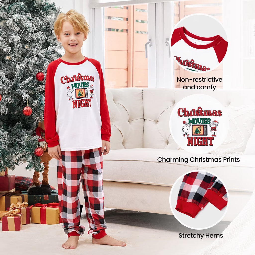 PatPat Girls or Boys Family Christmas Pajamas Matching Sets Red Plaid Pants Long Sleeves Santa Tops with Socks, 2-Piece, Size Kids: 8-9Y